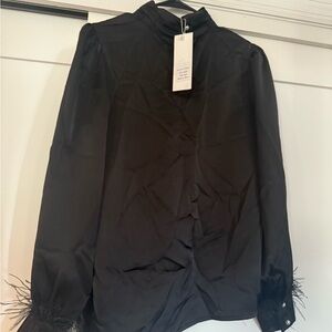 Elegant Black Blouse with Feather Cuffs.. One Size ..